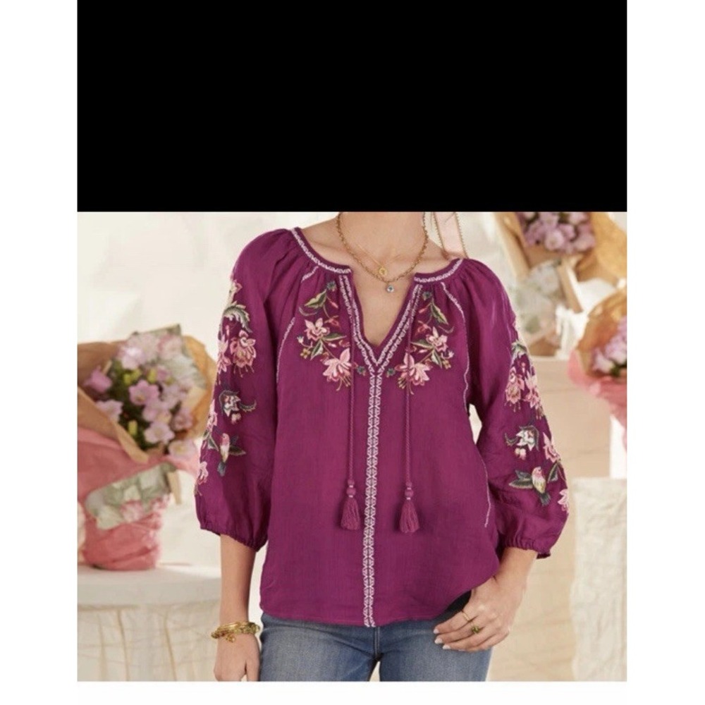 Sundance Shayda Red Lightweight Peasant Top w/floral embroidery & Tassels S - Picture 2 of 8